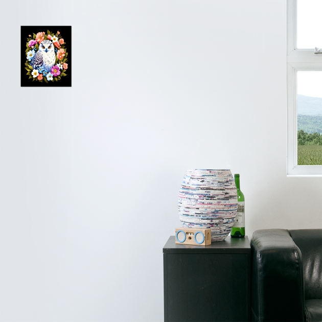 Cute Snowy Owl Surrounded by Bold Vibrant Spring Flowers by BirdsnStuff